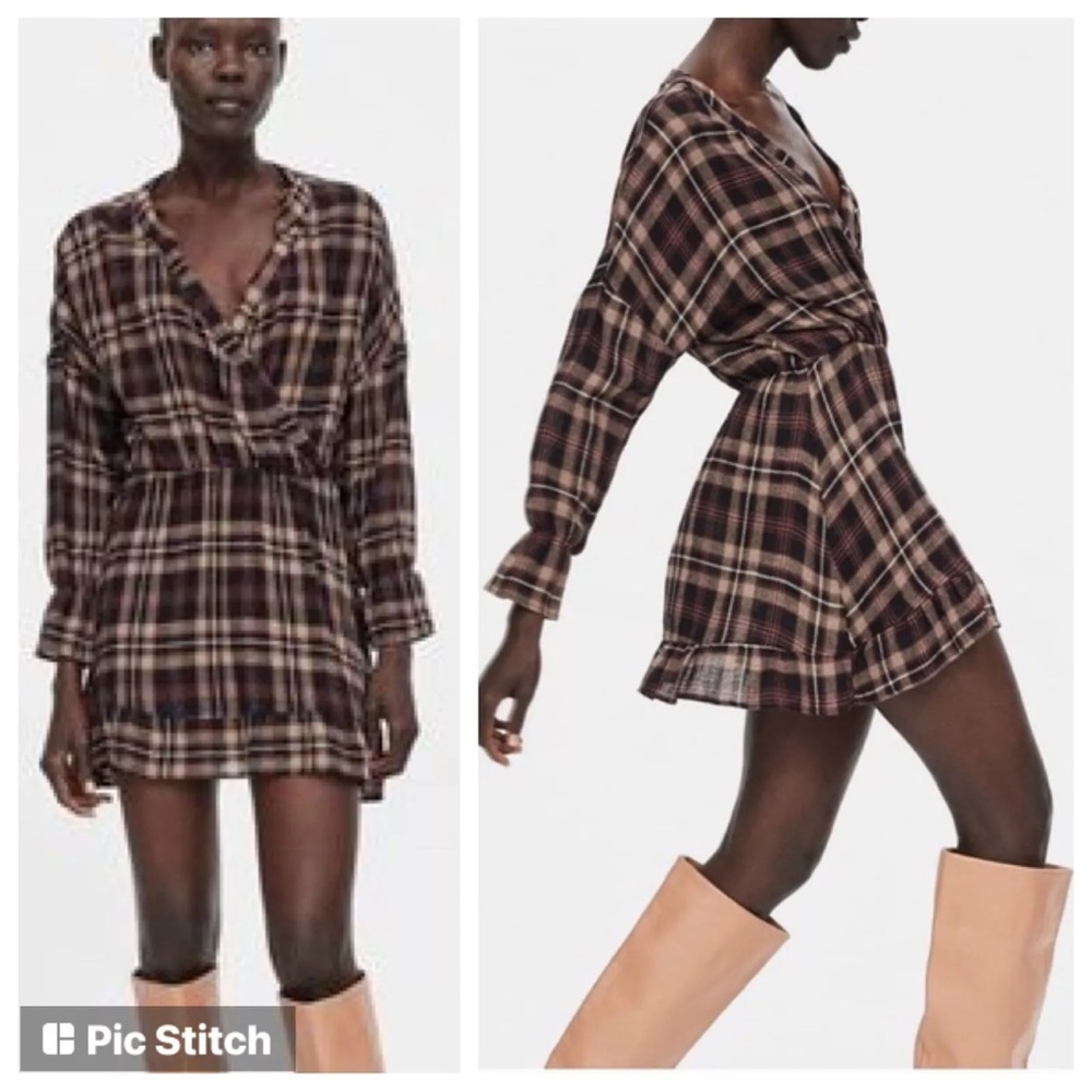 Zara Brown & Tan Plaid Long Sleeve Tunic Size Medium